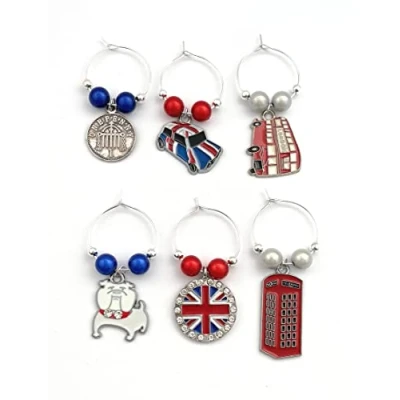 Image of Libby&#039;s Market Place Colourful Great Britain British Wine Glass Charms with Organza Gift Bag