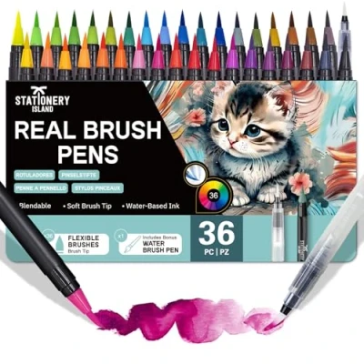 Image of STATIONERY ISLAND Watercolour Brush Pens 36+1 Set Soft Water Colour Art Colouring for Kids and Adult Book Calligraphy Painting