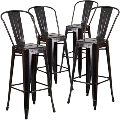 Image of Flash Furniture Commercial Grade 4 Pack 30&quot; High Metal Indoor Outdoor Barstool with Back, Galvanized Steel, Plastic, Black Antique Gold, Set of