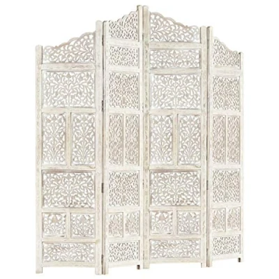 Image of Keketa Hand carved Panel Screen with 4 Panels, Folding Room Divider, Wooden Partitions Indoor Outdoor Bedroom Office Patio Privacy White 160x165 cm Solid Mango Wood