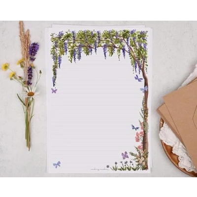 Image of Making Meadows A4 Lined Letter Writing Paper Set (20 Sheets &amp; 10 envelopes) Floral Wisteria Flower Design On Penpal Stationery
