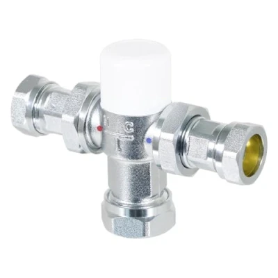 Image of SPARES2GO 22mm TMV Thermostatic Mixing Valve Water Supply Blending Compression Fitting Kit (Chrome Plated Brass)