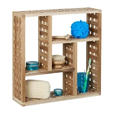 Image of Relaxdays Wall Bath Shelves, Walnut, 5 Compartments, for Bathroom Hallway Living Room, HxWxD: 50 x 15 cm, Natural