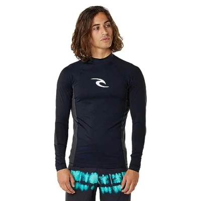 Image of RIP CURL Mens Waves UPF Performance Long Sleeve Rash Vest Top Black UV Sun Protection and SPF Properties