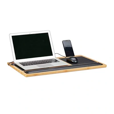 Image of Relaxdays Laptop Tray, Lapdesk with 2 Mouse Pads, Smartphone Holder, WxD: 60 x 40 cm, Bamboo, Natural