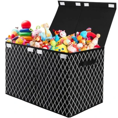 Image of VERONLY Toy Box with Lid, Storage for Children, Foldable Chest Boys and Girls, Organiser System Wardrobe, Clothes, Books, Cosmetics, Toys (Black)