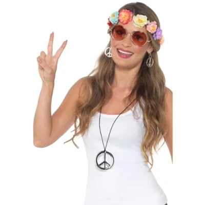 Image of Smiffys Hippie Festival Kit, Multi Coloured Flower Headband, Glasses, Medallion &amp; Earrings, 1960&#039;s Groovy Fancy Dress, Adult Dress Up Accessories