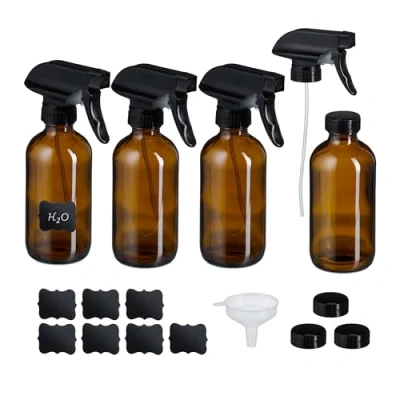 Image of Glass Spray Bottle, Set of 4, 500 ml, Mist &amp; Jet, Hair Care, Water Sprayer, Cleaning Plants, Amber/Black Relaxdays