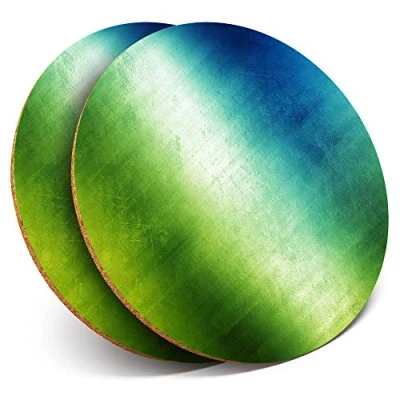 Image of 2 x Round Coasters Green Blue Metal Pattern Cork Backed Home Kitchen Accessory Tea Coffee Mug Mat #3834