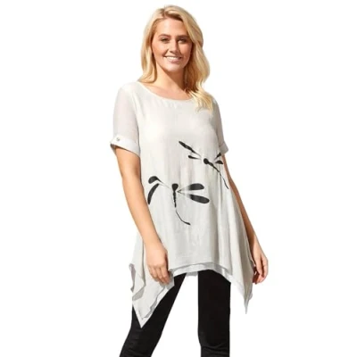 Image of Roman Originals Asymmetric Tunic Top for Women UK Ladies Tee Shirt T Spring Summer Casual Longline Hanky Hem Short Sleeve Round Neck Lightweight Holiday Work Shirts Light Grey Size 10