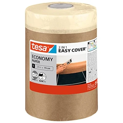 Image of tesa Easy Cover UNIVERSAL paper 2in1 painter&#039;s masking with self adhesive tape for painting and renovations 20 m x 15 cm