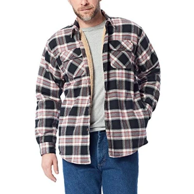 Image of Wrangler Authentics Men&#039;s Long Sleeve Sherpa Lined Flannel Jacket Button Down Shirt, Caviar, M UK