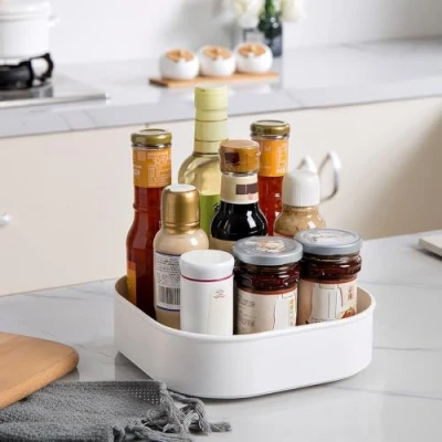 Image of Semlos 9 Inch Rectangular Lazy Susan Turntable Cupboard Organizer, Multi Functional Spice Rack for Kitchen Storage and Organization, Revolving Condiment Holder, Non Slip Rotating Racks