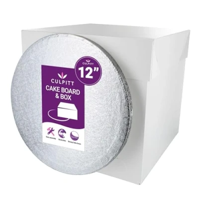 Image of Culpitt 12&quot; Round Silver Cake Drum Board &amp; Tall White Box Combo, 12 x Inch Square and Matching Circle Set For Tiered or Decorated Transport