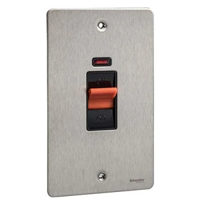 Image of Schneider Electric Ultimate Flat Plate Double Control Switch with Neon Indicator, Pole, 50AX, High Current, GU4221BSS, Stainless Steel Black Insert