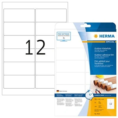 Image of HERMA Self Adhesive Film Labels, 12 Labels per A4 Sheet, 10 Sheets, 99.1 x 42.3 mm, 120 Blank Weatherproof Stickers, Sticky for Laser &amp; Inkjet Printer, White