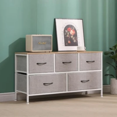 Image of BonChoice 5 Drawers Chest of with Wood Tabletop Fabric for Bedroom Living Room Hallway, Bedside Storage Cabinet Unit Organizer Sideboard Easy to Assemble Grey