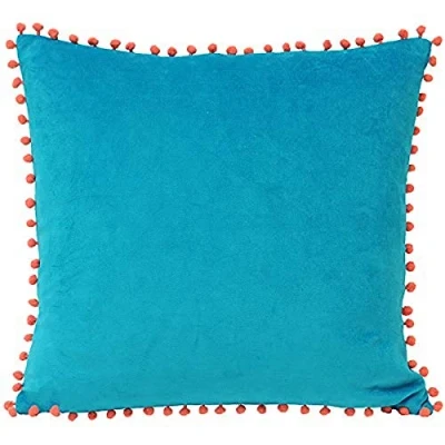 Image of Riva Paoletti Feather Filled Cushion Blue Faux Velvet Fabric Contrasting Coral Orange Pompom Edges Hidden Zip Closure 100% Soft (18&quot; X 18&quot; Inches), Cotton, Teal, 45 cm