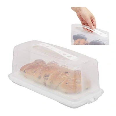 Image of Relaxdays Cake Carrier, Rectangular with Handle and Lid, Transport Container, HxWxD: 15 x 37 16 cm, White/Clear