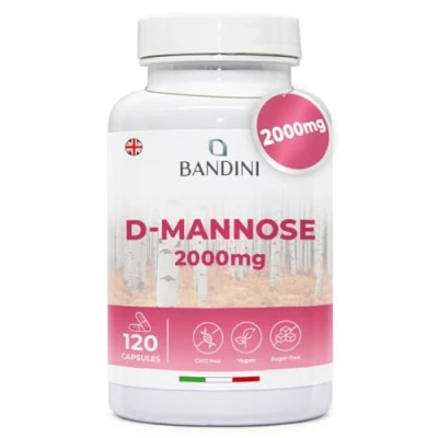 Image of Bandini® D Mannose for Cystitis 2000 mg Pure High Strength 120 Capsules Food Supplement Wellbeing and Support of The Urinary Tract &amp; Bladder Health 100% Vegan GMO Free