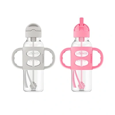 Image of Dr. Brown&#039;s Sippy Straw Bottle with Silicone Handles, Gray &amp; Pink, 8 Oz (Pack of 2)