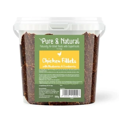 Image of Pure &amp; Natural Superfoods Air Dried Chicken Fillets Treats with Blueberries Cranberries Dog UK for Skin and Coat Dogs Tub 500g