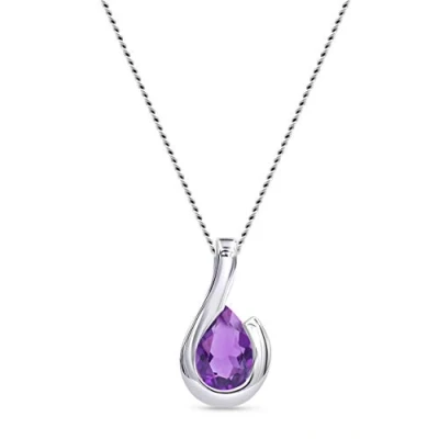 Image of Miore Women&#039;s 9 ct White Gold Pear Shape Amethyst Bezel Pendant with Curb Chain of 45 cm