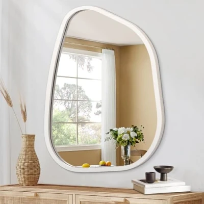 Image of HLFMVWE Irregular Wooden Framed Wall Mirror Modern Asymmetrical Unique Hanging Artistic boho Decor Bathroom Vanity Bedroom Living Room Entryway Hallway 50 x 40CM