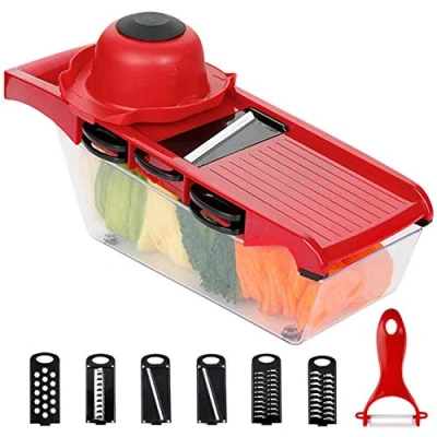 Image of 6 in 1 Mandoline Slicer, Multi Function Fruit and Veg Cutter, Interchangeable Stainless Steel Blade with Food Container, Peeler, Hand Protector, Julienne Slice for Potato Tomato Onion Vegetable