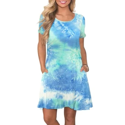 Image of AUSELILY Women&#039;s Summer Dresses Casual T Shirt Short Sleeve Dress Loose Swing with Pockets, Dyed Blue Green White S