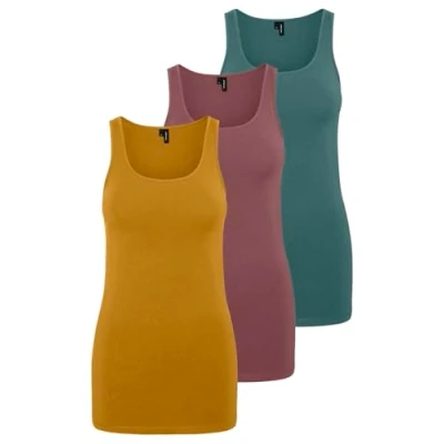 Image of VERO MODA Women&#039;s VMMAXI My Soft Long Tank Top GA 3P, Yellow/Pink/Green (1x Chai Tea/1x Rose Brown/1x North Atlantic), Large