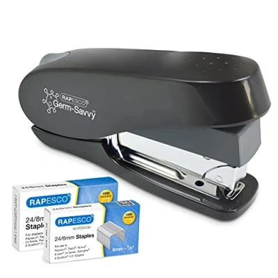 Image of Rapesco 1466 Germ Savvy Antibacterial, ECO Luna Less Effort Stapler with 2000 Staples, 50 Sheet Capacity, Black