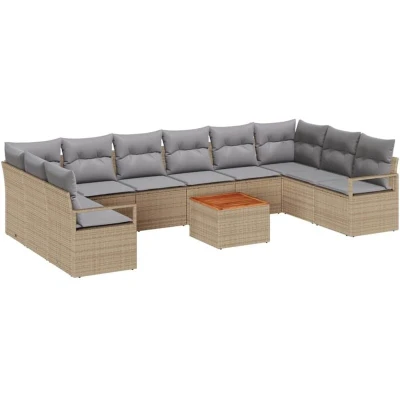 Image of vidaXL 11 Piece Garden Sofa Set with Cushions Beige Poly Rattan Acacia