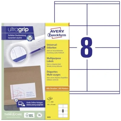 Image of AVERY Zweckform 3426 Universal Labels (800 Adhesive Labels, 105 x 70 mm on A4, Matte Paper, Printable Shipping Self Stickers with Ultragrip), 100 Sheets, White