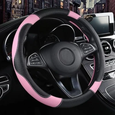 Image of Istn Unisex&#039;s Sport Style Contrast Color Non slip Sweat Good Breathable PU Leatherette 15 inch Car Steering Wheel Cover 38cm Pink