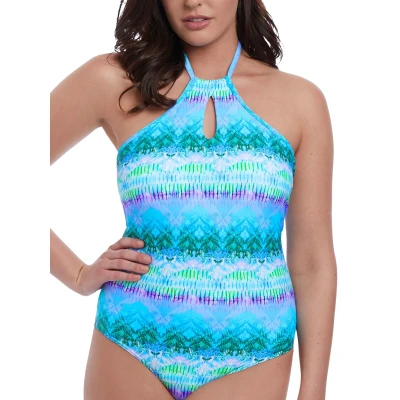 Image of Freya Seascape High Neck Swimsuit Blue Lagoon 36E