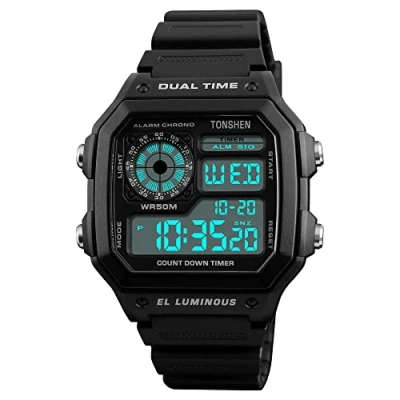 Image of TONSHEN Sport Digital Watch for Men Outdoor Military 50M Waterproof LED Electronic Double Time Multifunction Stopwatch Alarm Countdown Rectangular Plastic Watches with Rubber Band (Black)