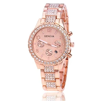 Image of Geneva Ladies Watch Gold Rose Embellished in Dazzling Cubic Zirconia and Rhinestones with Date Feature Girls Stunning Metal Strap MK (Rose)