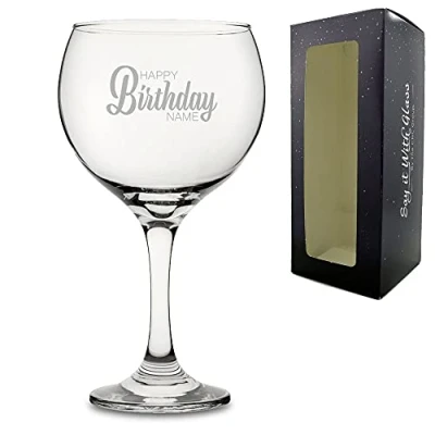 Image of Personalised Engraved Gin Balloon Cocktail Glass with Happy Birthday Name Design, Gift Boxed, Personalise Any
