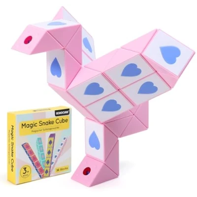 Image of ECHOCUBE Magic Snake Cube with Poker Themed, 36 Blocks Speed Party Bag Fillers for Kids, Twist Puzzle Toys Educational Fidget Favours (Pink)
