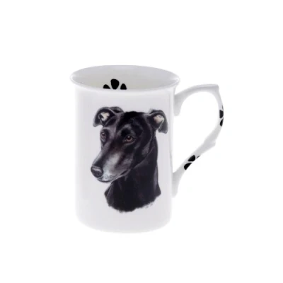 Image of (BB30) Personalised with Any Name Bone China Beaker Mug Cup Black Greyhound Single Pawprints Hand Decorated to Order