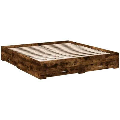 Image of vidaXL Engineered Wood Bed Frame with Drawers Smoked Oak Super King Size Plywood Slats &amp; Storage Function for Bedroom