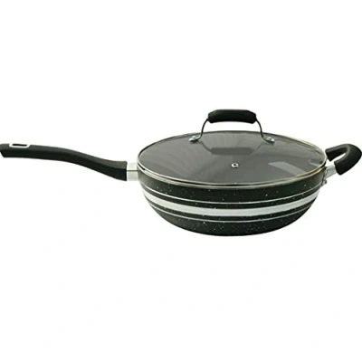 Image of Large Black Non Stick Wok with Glass Lid 28cm 30cm 32cm (28cm)