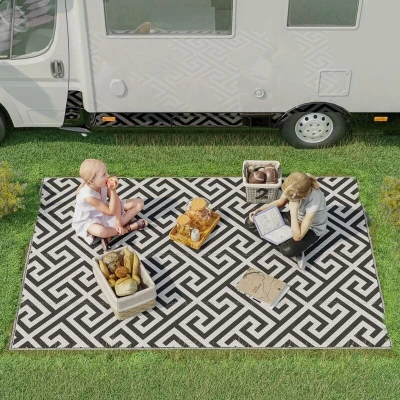 Image of Outsunny 152 x 243 cm(5x 8ft) Outdoor Rug Reversible Mat Plastic Straw Portable RV Camping for Garden Deck Picnic Indoor, Black &amp; White