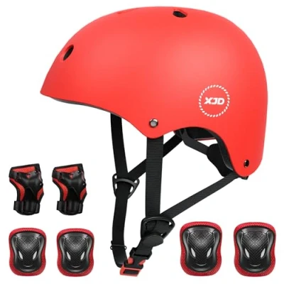 Image of Kids Skateboard Helmet Protective Gear Set Knee Pads Elbow Wrist Guards and Adjustable Bike Helmets for BMX Scooter Cycling Roller Skating Age 2 13 years old Boys Girls （red）