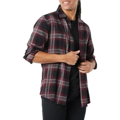 Image of Amazon Essentials Men&#039;s Long Sleeve Flannel Shirt (Available in Big &amp; Tall), Black Burgundy Grey Plaid, M