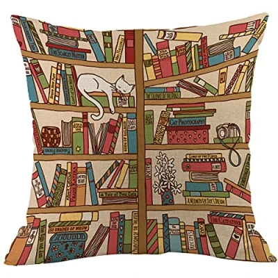 Image of CANSEGO Cat Book Cushion Covers Cartoon Library Bookshelf with Cute Sleeping Kitten Square Pillowcases Cotton Linen Throw Pillow for Women Men Boys Girls Bed 18x18 Inch Multi a21