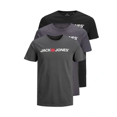Image of JACK &amp; JONES Men&#039;s T Shirt Logo Tee Crew Neck Pack of 3, 3 (asphalt, dark grey melange, black), M