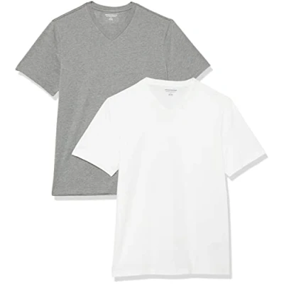 Image of Amazon Essentials Men&#039;s Short Sleeve V Neck T Shirts, Pack of 2, Dark Grey Heather/White, XS