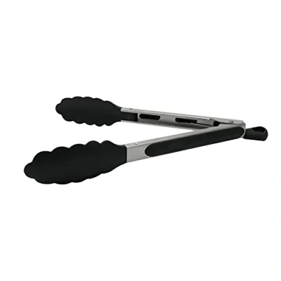 Image of Fackelmann Multi Purpose Kitchen Tongs PBT Length 28cm, Heat Resistant to 220C, Non Stick Cookware Safe, Locking Mechanism, Scalloped Head, Dishwasher Silver &amp; Black